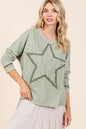 Sage green Mittoshop mineral wash long sleeve T-shirt with star patch detail, casual style by Trendsi.