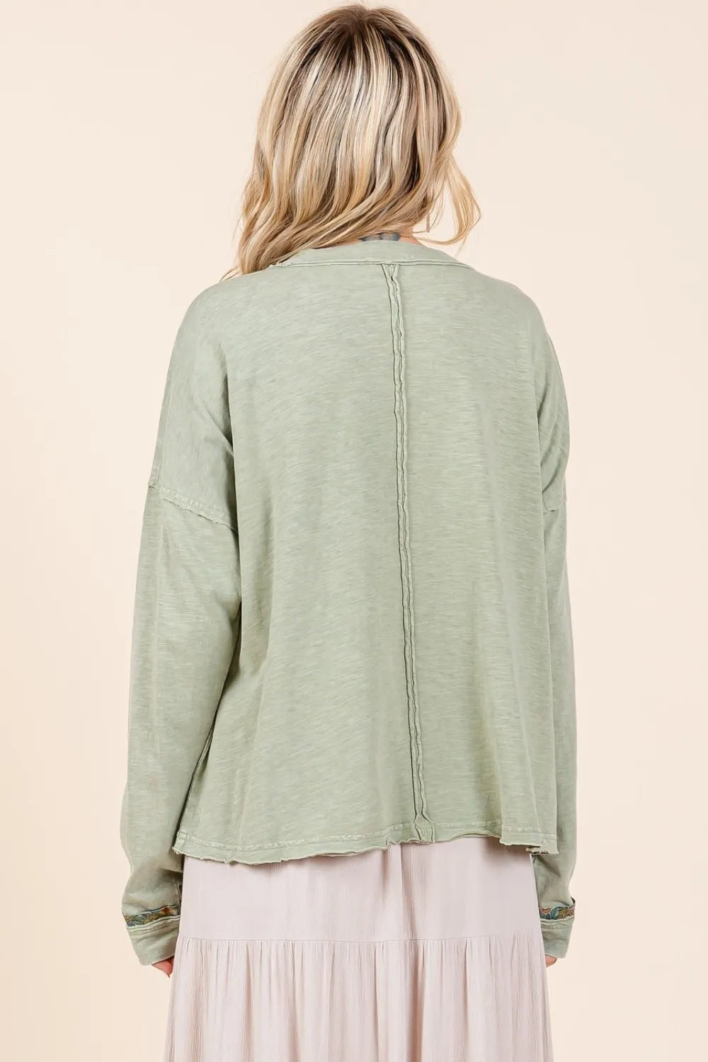 Sage green Mittoshop mineral wash long sleeve T-shirt with star patch detail, casual and comfortable for everyday wear.