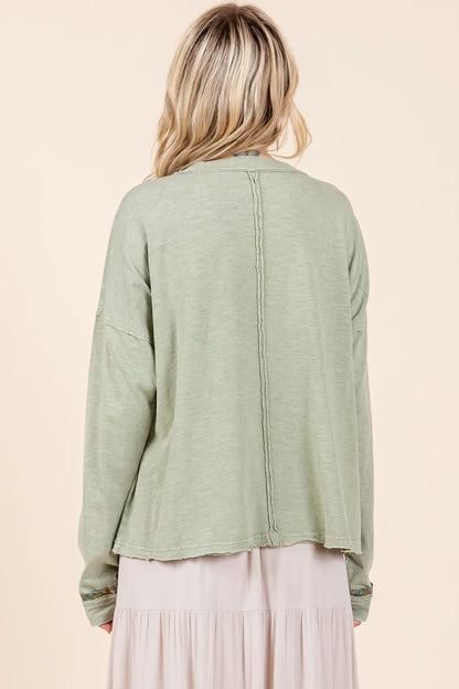 Sage green Mittoshop mineral wash long sleeve T-shirt with star patch detail, casual and comfortable for everyday wear.
