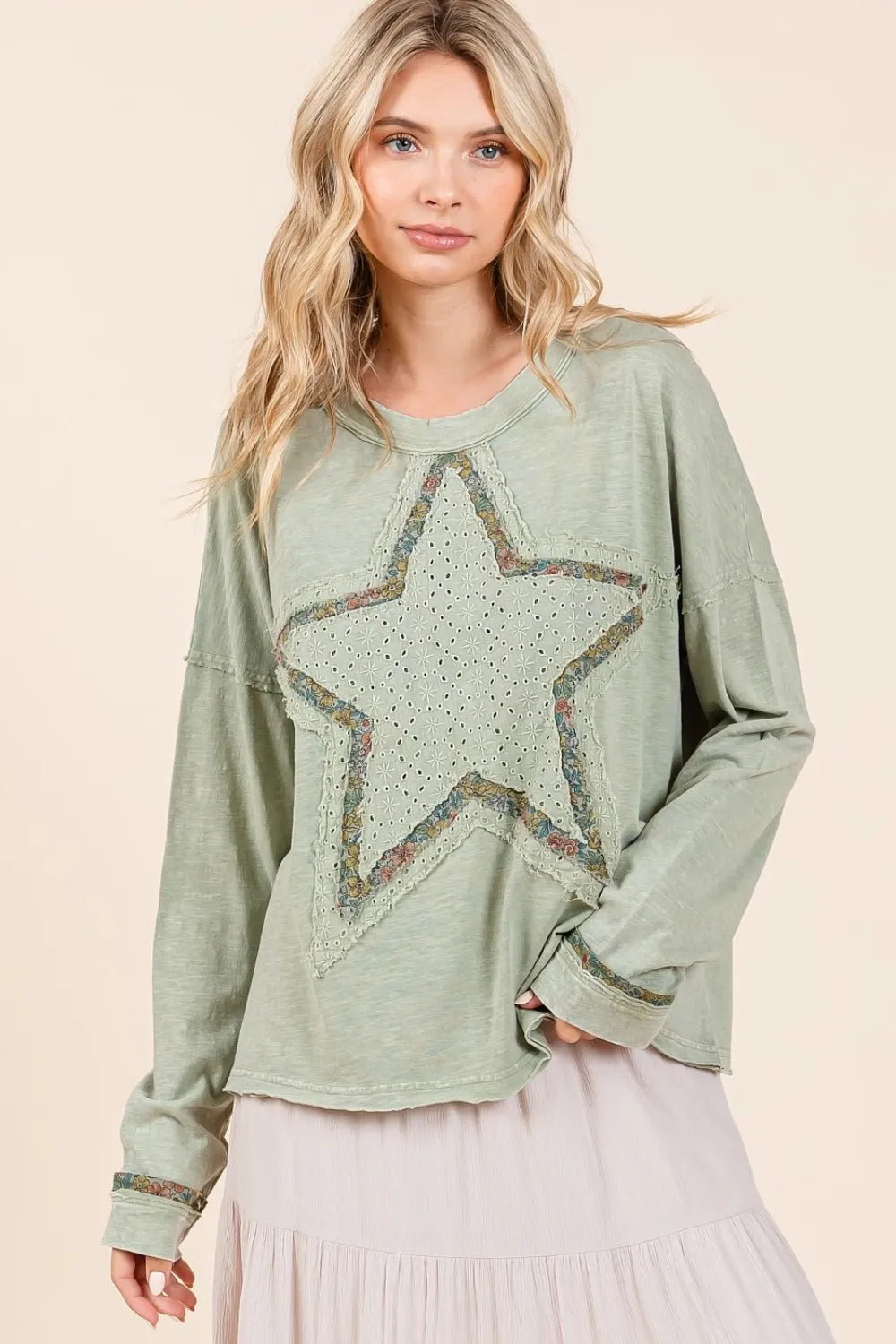 Sage green Mittoshop mineral wash long sleeve T-shirt with star patch detail, casual style, by Trendsi.