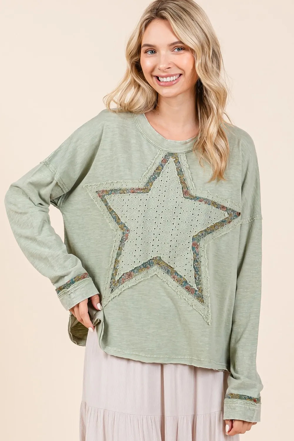 Sage green Mittoshop mineral wash long sleeve t-shirt with star patch detail, casual style, from Trendsi.