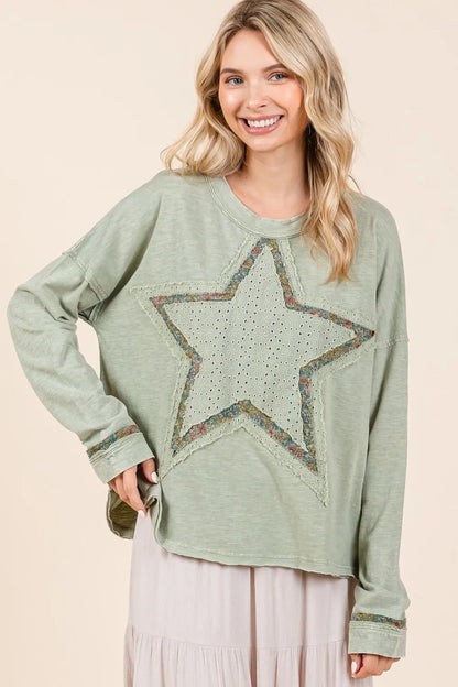 Sage green Mittoshop mineral wash long sleeve t-shirt with star patch detail, casual style, from Trendsi.