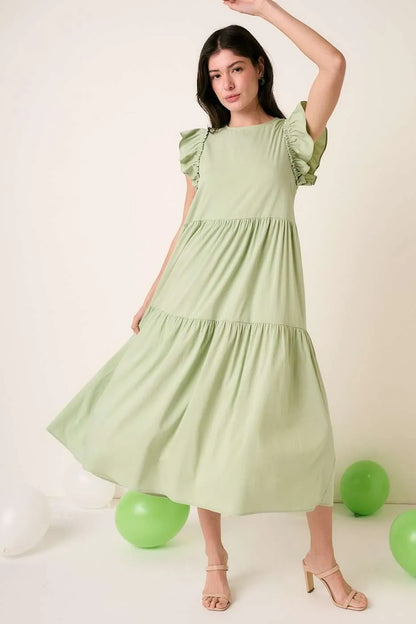 Sage green Mittoshop ruffle short sleeve tiered maxi dress by Trendsi, flowing fabric with ruffle details and tiered design.