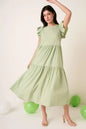 Sage green Mittoshop ruffle short sleeve tiered maxi dress by Trendsi, flowing fabric with ruffle details and tiered design.
