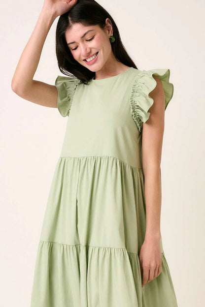 Sage green Mittoshop ruffle short sleeve tiered maxi dress by Trendsi, flowing fabric with ruffle details and tiered layers.