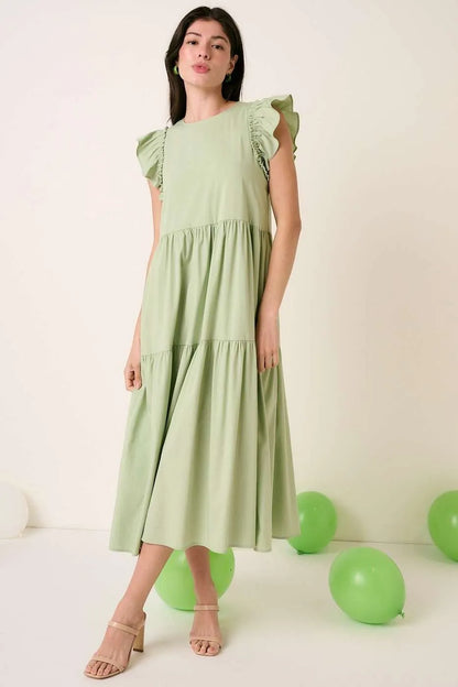 Sage green Mittoshop ruffle short sleeve tiered maxi dress by Trendsi, flowing fabric with ruffle details and tiered design.