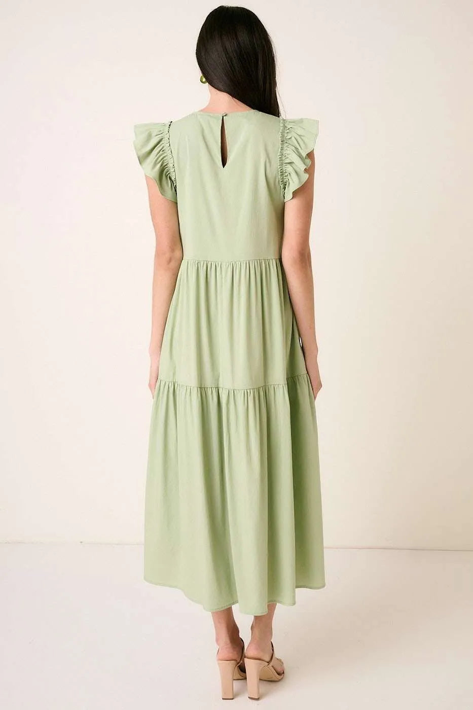 Sage green Mittoshop ruffle short sleeve tiered maxi dress by Trendsi, flowing fabric with ruffle details and tiered design.