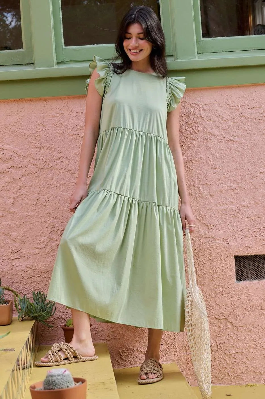 Sage green Mittoshop ruffle short sleeve tiered maxi dress by Trendsi, flowing fabric with ruffle details and tiered design.