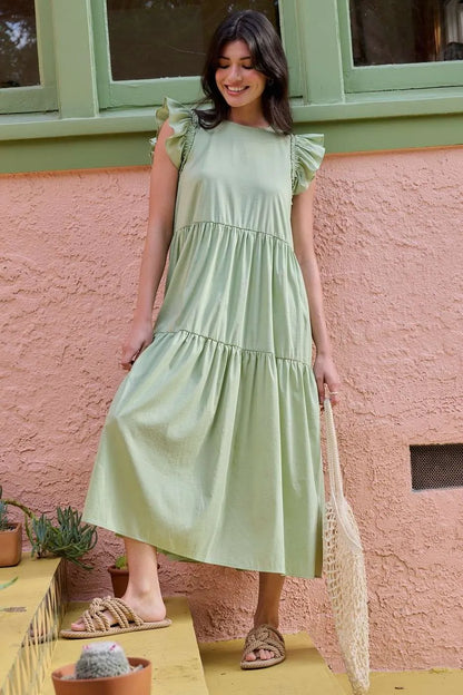 Sage green Mittoshop ruffle short sleeve tiered maxi dress by Trendsi, flowing fabric with ruffle details and tiered design.