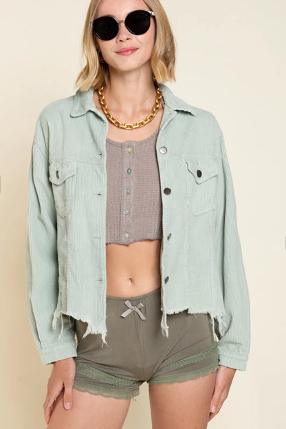 Sage green POL button-down corduroy trucker jacket by Trendsi, featuring classic collar, button front, and patch pockets.