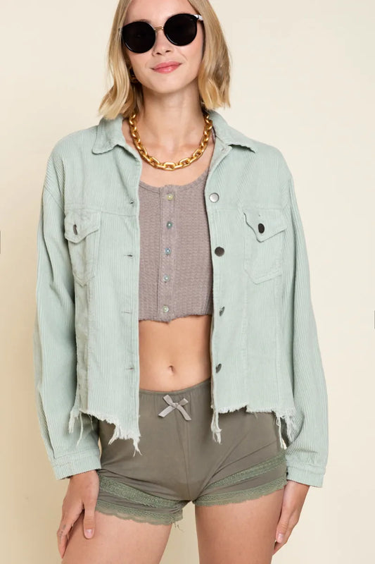 Sage green POL button-down corduroy trucker jacket by Trendsi, featuring classic collar, button front, and patch pockets.