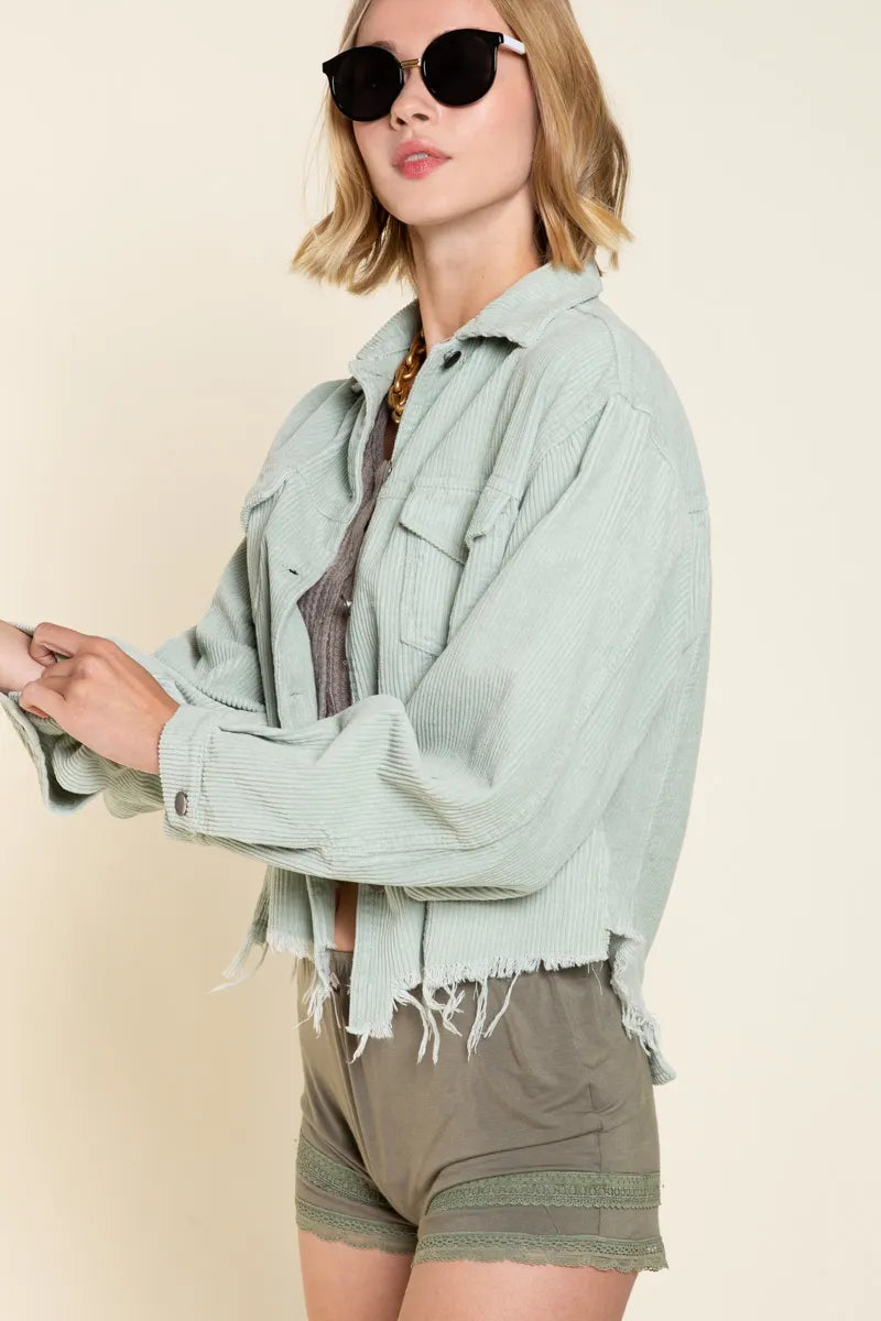 Sage green POL Button Down Corduroy Trucker Jacket by Trendsi featuring classic collar, button front, and textured corduroy fabric.