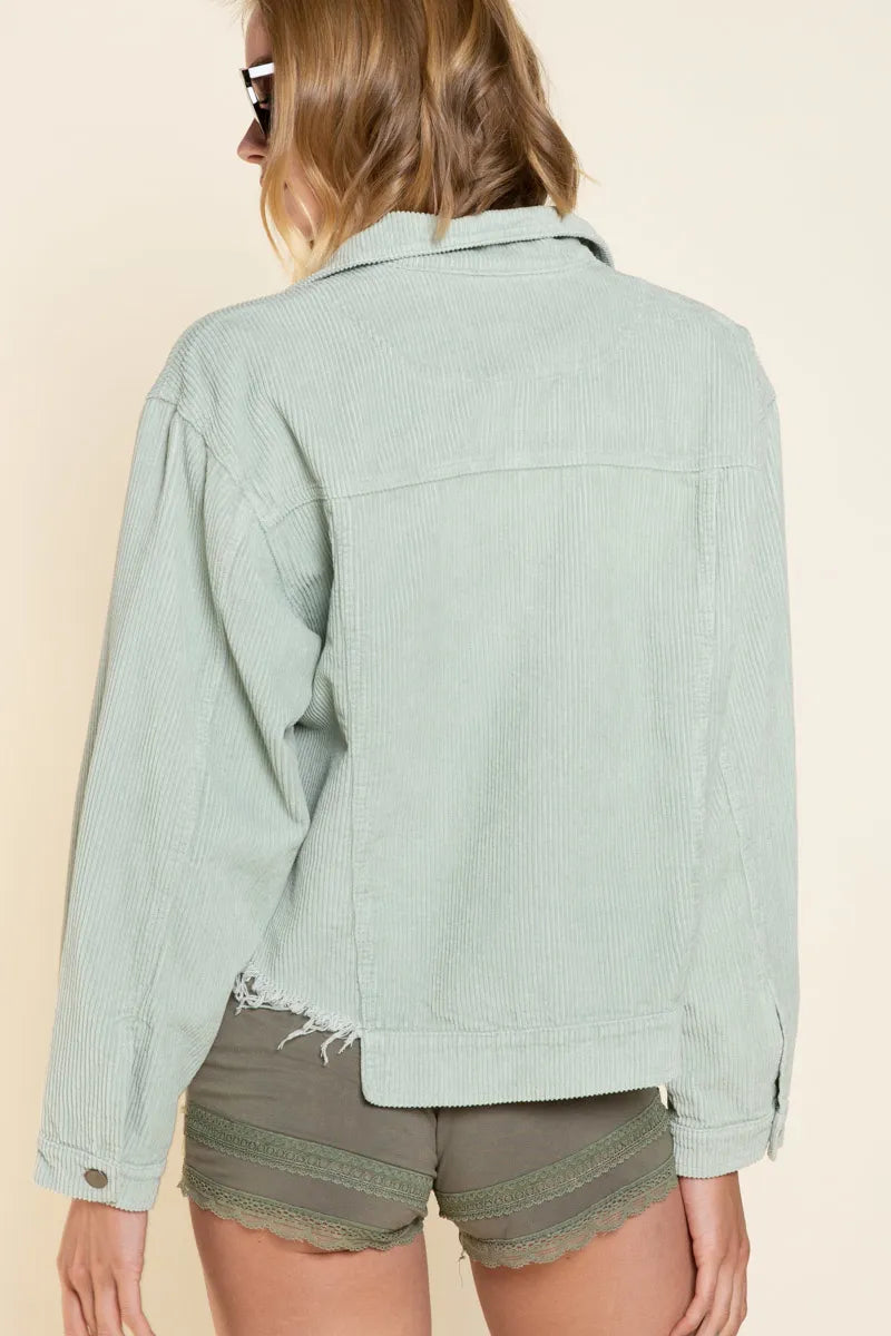 Sage green POL corduroy trucker jacket with button-down front and classic collar, casual outerwear by Trendsi.