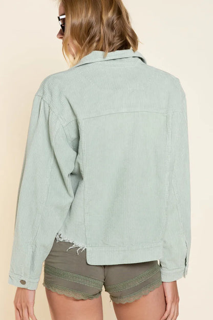 Sage green POL corduroy trucker jacket with button-down front and classic collar, casual outerwear by Trendsi.