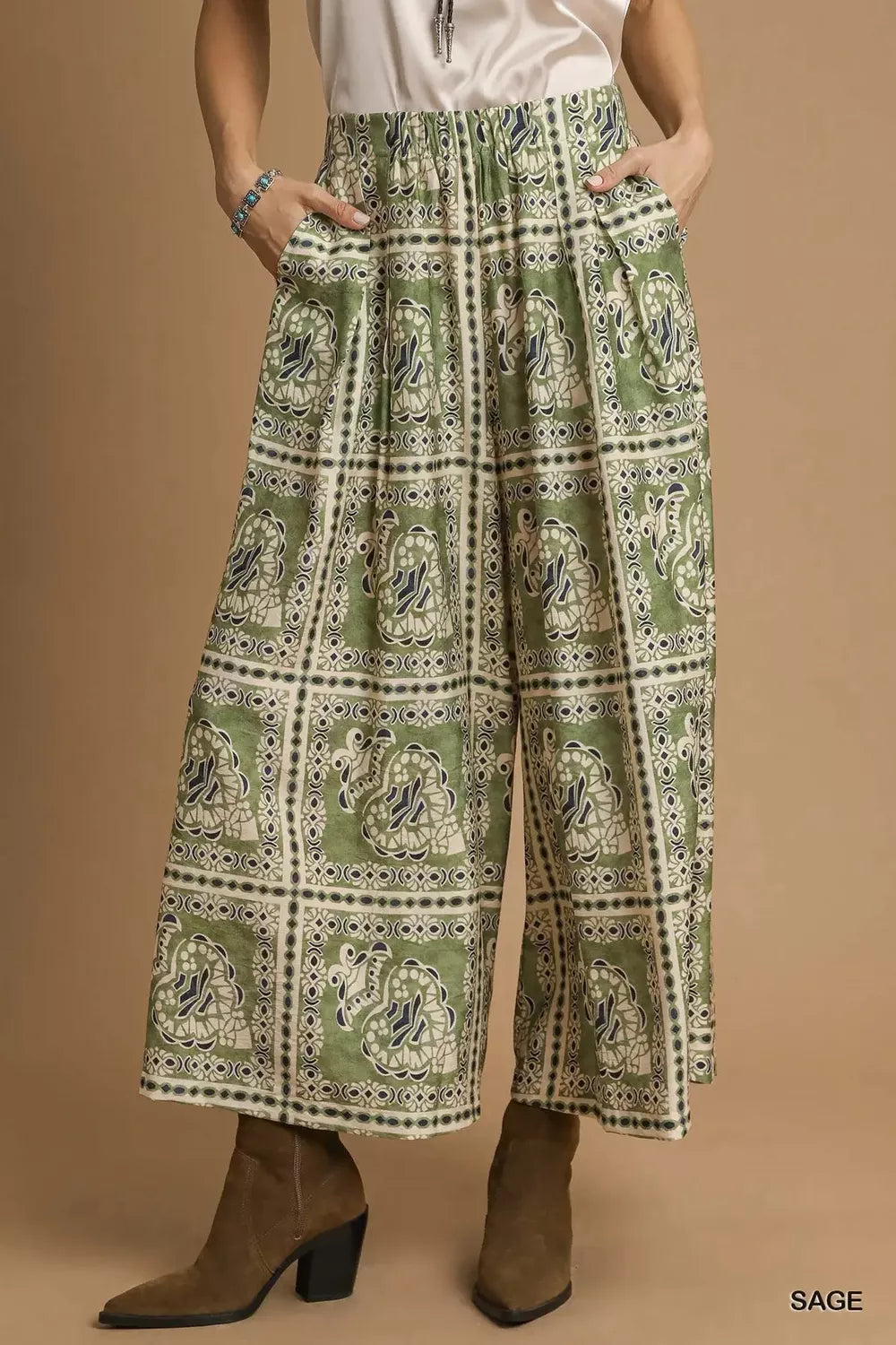 Trendsi Umgee bohemian print pants with pockets, featuring a relaxed fit and vibrant pattern, suitable for casual wear.
