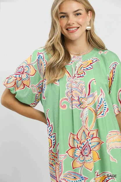 Umgee boho floral print mini dress with pockets, sage color, short sleeves, casual style, perfect for summer wear.