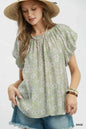 Sage green Umgee floral puff sleeve blouse with ruffle details and feminine design, perfect for casual or dressy occasions.