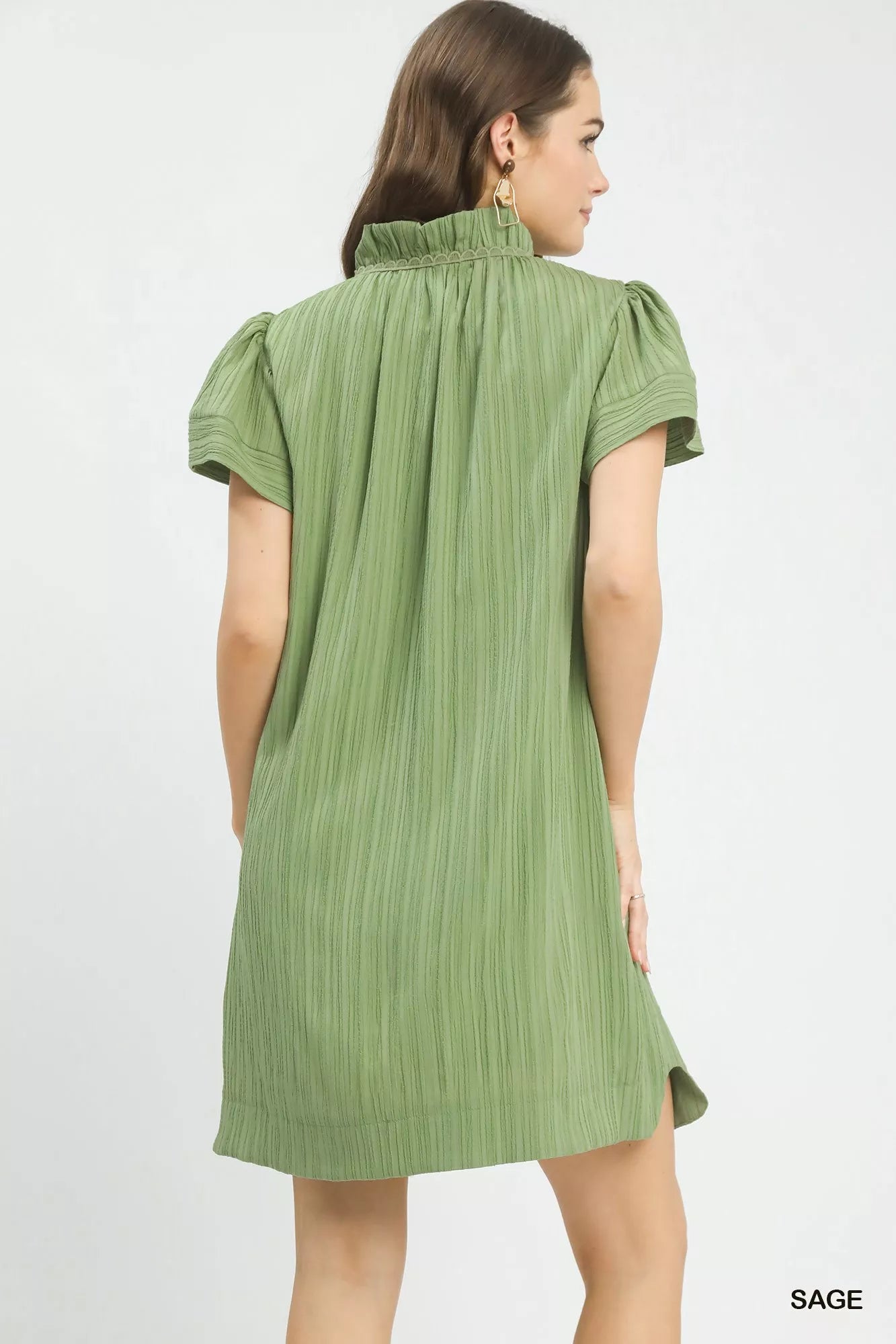 Sage green Umgee Flutter Sleeve V-Neck Shift Dress with relaxed fit and short sleeves, perfect for casual or semi-formal wear.