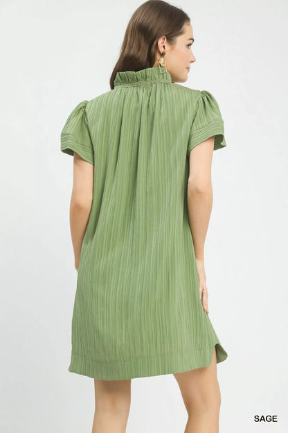 Sage green Umgee Flutter Sleeve V-Neck Shift Dress with relaxed fit and short sleeves, perfect for casual or semi-formal wear.