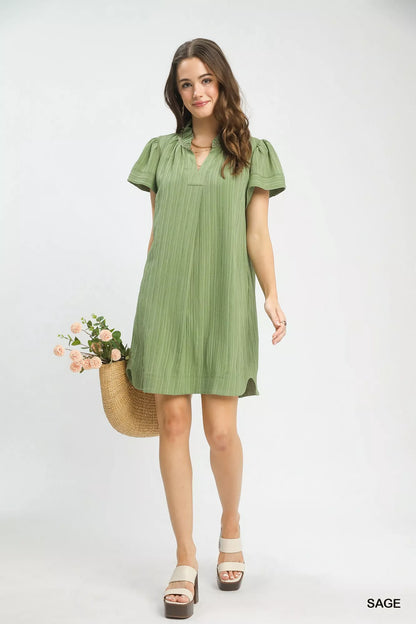 Sage green Umgee Flutter Sleeve V-Neck Shift Dress with relaxed fit and short sleeves, perfect for casual or summer wear.