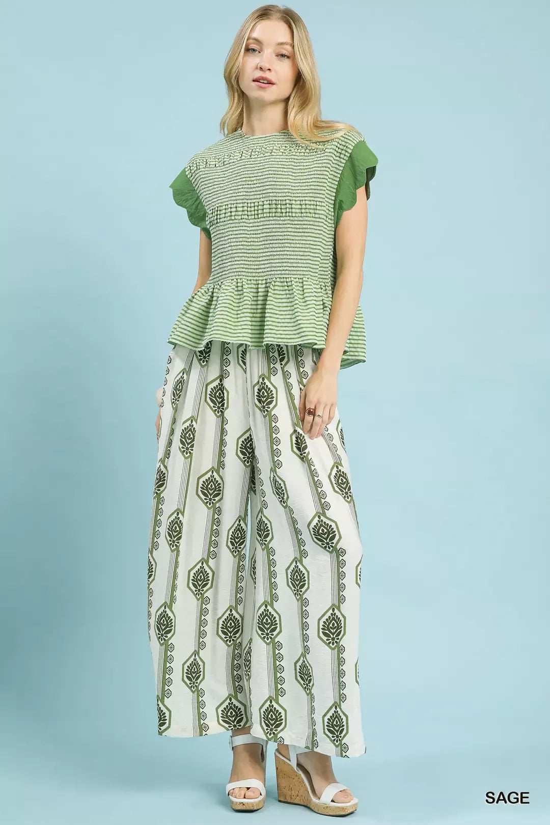 Umgee geometric boho print wide-leg pants in sage color, featuring a relaxed fit and stylish geometric pattern.