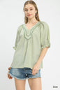 Sage green Umgee stripe V-neck blouse by Trendsi, featuring a relaxed fit and stylish V-neck design.