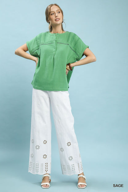 Sage green Umgee textured gauze boho blouse with split neckline and relaxed fit, casual style perfect for everyday wear.