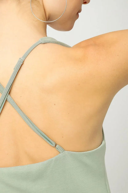 Sage green Umgee crisscross square neck active dress by Trendsi, fitted silhouette, sleeveless, perfect for casual or active wear.