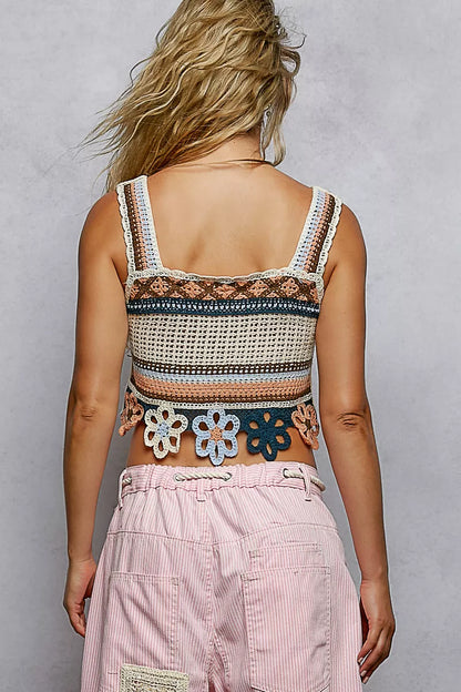 Salmon multi-colored POL crochet cropped cami with cutout flower design and dangle detail, featuring a trendy, stylish look.