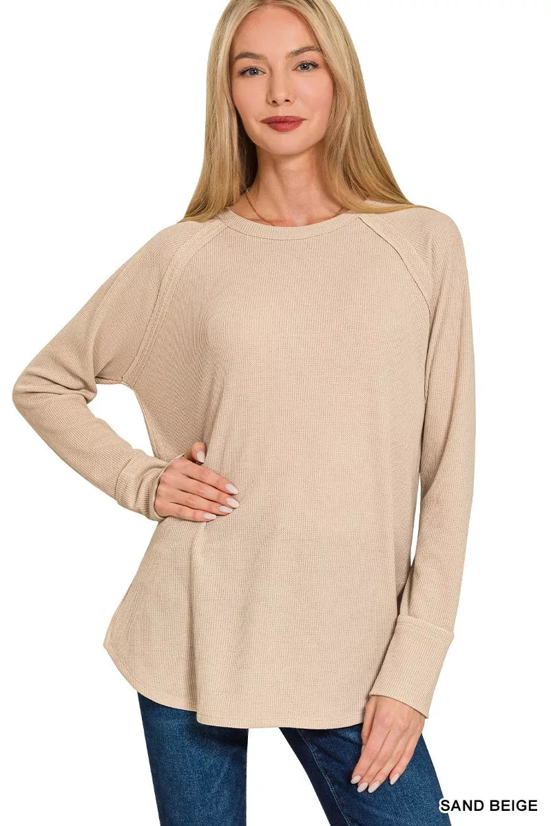 Sand beige Zenana baby waffle long sleeve top with a relaxed fit and ribbed cuffs, perfect for casual wear.