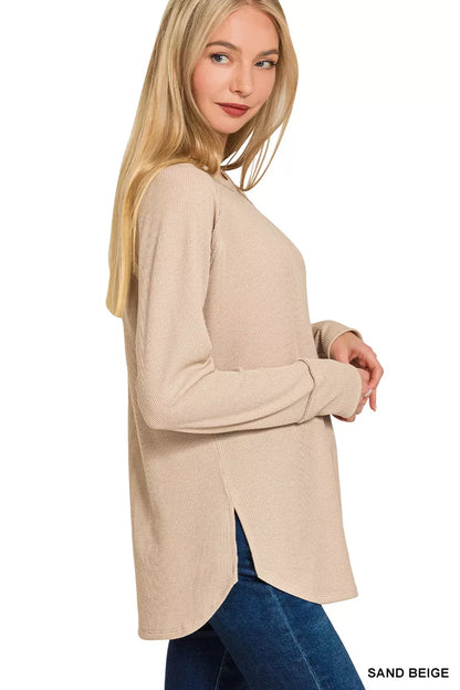 Sand beige Zenana Baby Waffle Long Sleeve Top for girls, featuring a soft waffle knit fabric and a comfortable fit.