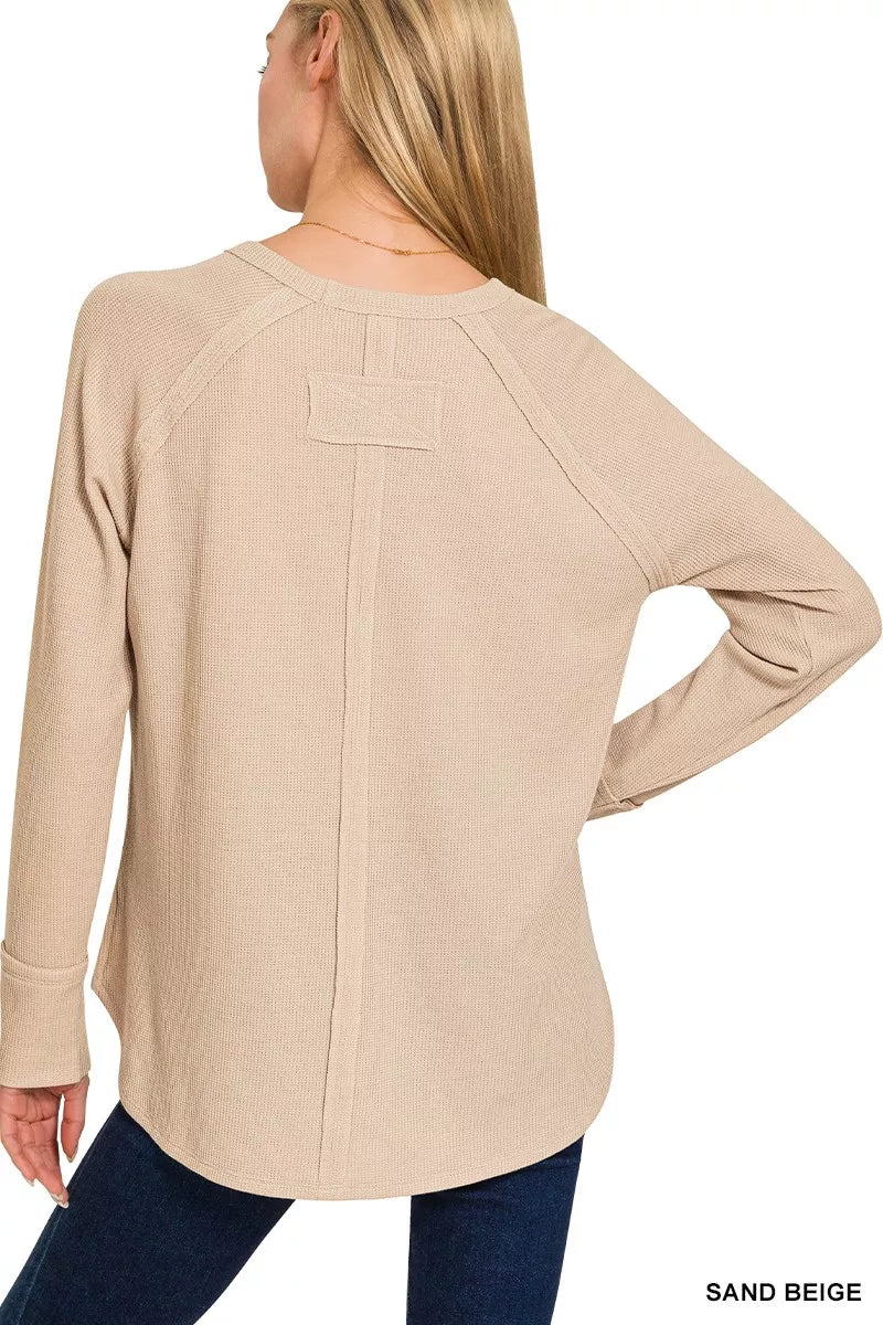Sand beige Zenana baby waffle long sleeve top for girls, soft fabric with a cozy, textured waffle pattern.