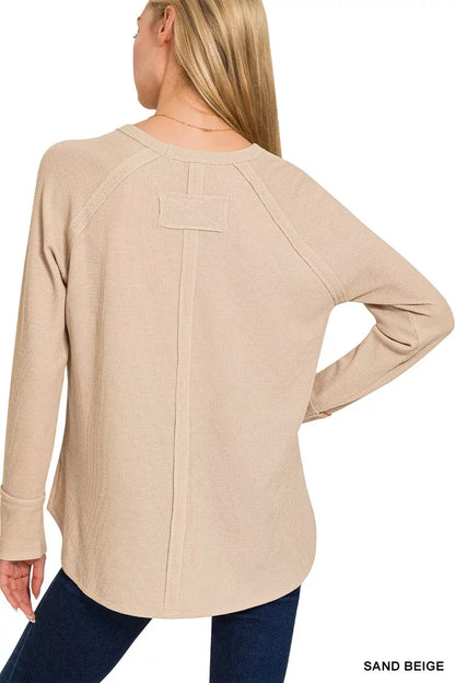 Sand beige Zenana baby waffle long sleeve top for girls, soft fabric with a cozy, textured waffle pattern.