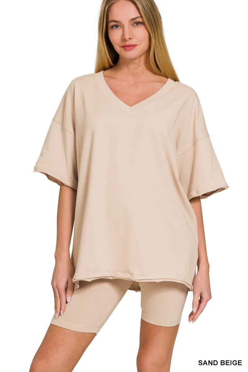 Sand beige Zenana cotton V-neck top and biker shorts set, casual loungewear, comfortable and stylish for everyday wear.