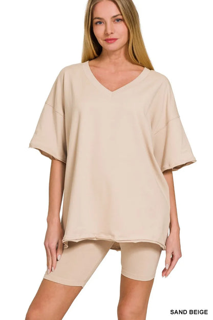 Sand beige Zenana cotton V-neck top and biker shorts set, casual loungewear, comfortable and stylish for everyday wear.