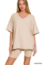 Sand beige Zenana cotton V-neck top and biker shorts set, casual loungewear, comfortable and stylish for everyday wear.
