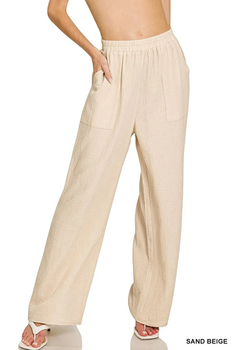 Sand beige Zenana double gauze elastic band pants with a relaxed fit, featuring an comfortable elastic waistband and lightweight fabric.