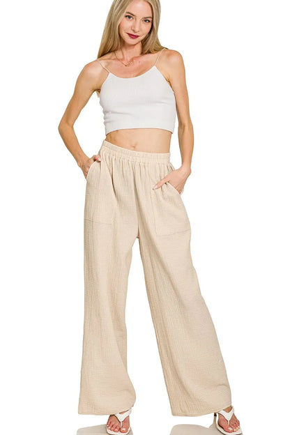 Sand beige Zenana double gauze elastic band pants with a relaxed fit and comfortable waistband, ideal for casual wear.
