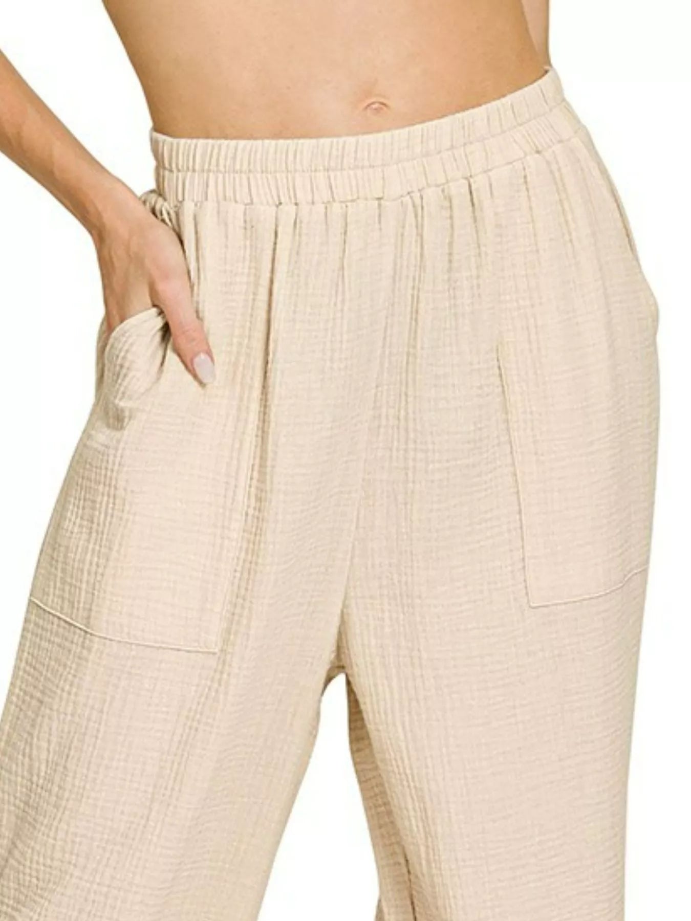 Sand beige Zenana double gauze elastic band pants with a relaxed fit and comfortable waistband, stylish and breathable for everyday wear.