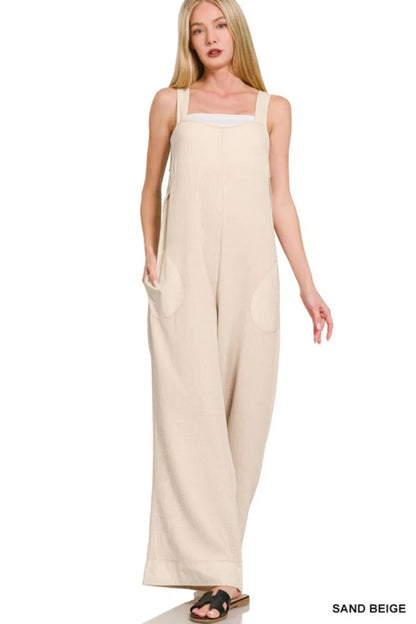 Sand beige Zenana double gauze washed wide-leg overalls with adjustable straps and relaxed fit, casual and comfortable for everyday wear.
