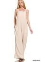 Sand beige Zenana double gauze washed wide-leg overalls with adjustable straps and relaxed fit, casual and comfortable for everyday wear.