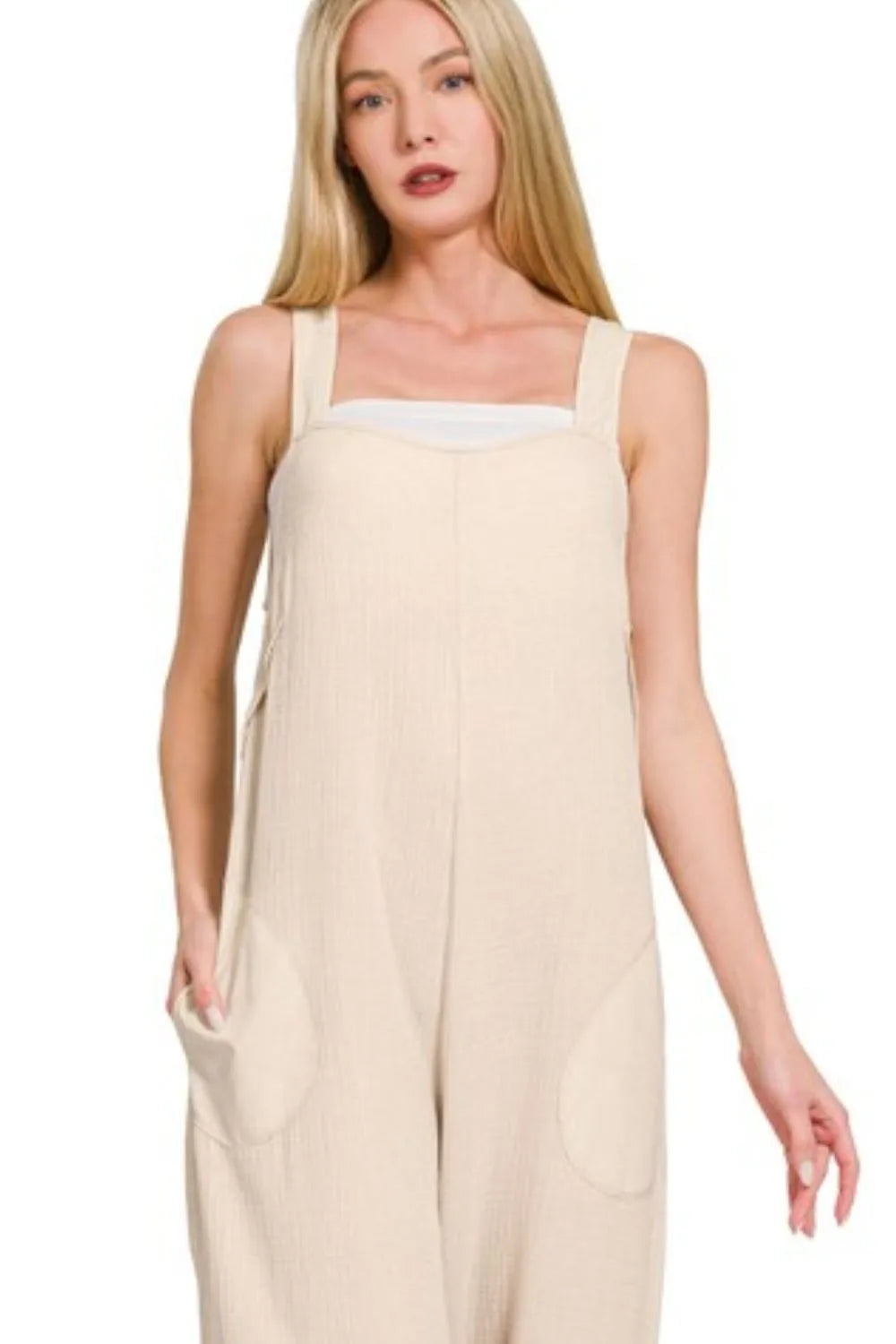 Sand beige Zenana double gauze washed wide leg overalls with adjustable straps and relaxed fit, casual and comfortable for everyday wear.