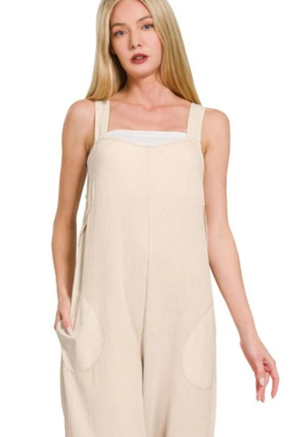 Sand beige Zenana double gauze washed wide leg overalls with adjustable straps and relaxed fit, casual and comfortable for everyday wear.