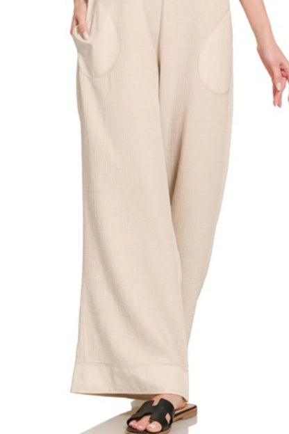 Sand beige Zenana double gauze washed wide-leg overalls with adjustable straps and relaxed fit, perfect for casual wear.