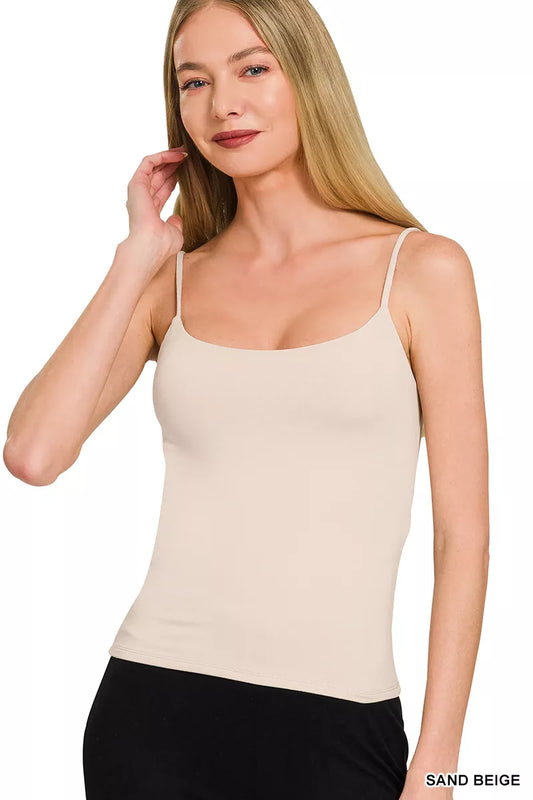 Sand beige Zenana double-layered round neck spaghetti cami with thin straps, stylish and comfortable for everyday wear.