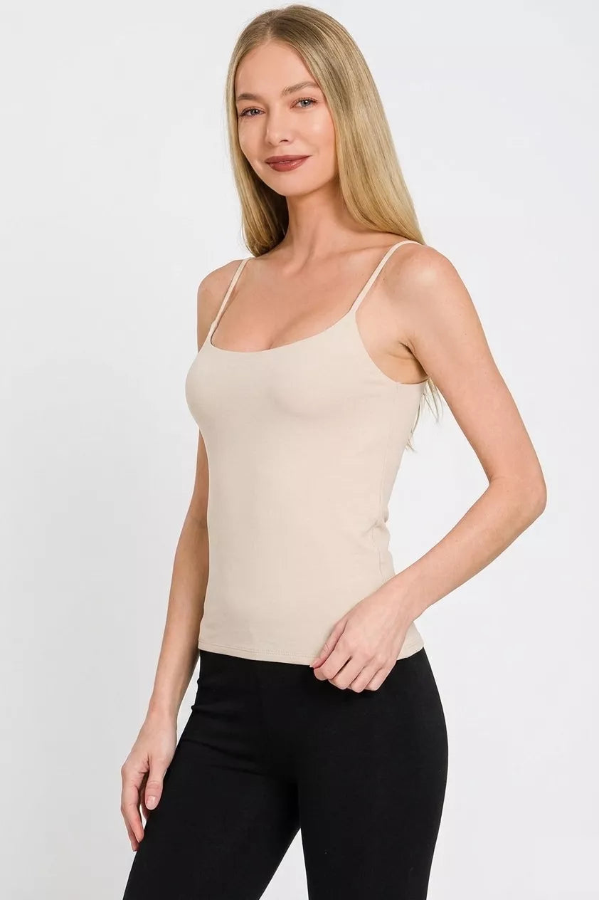 Sand beige Zenana double-layered round neck spaghetti cami by Trendsi, featuring a lightweight, layered design and spaghetti straps.