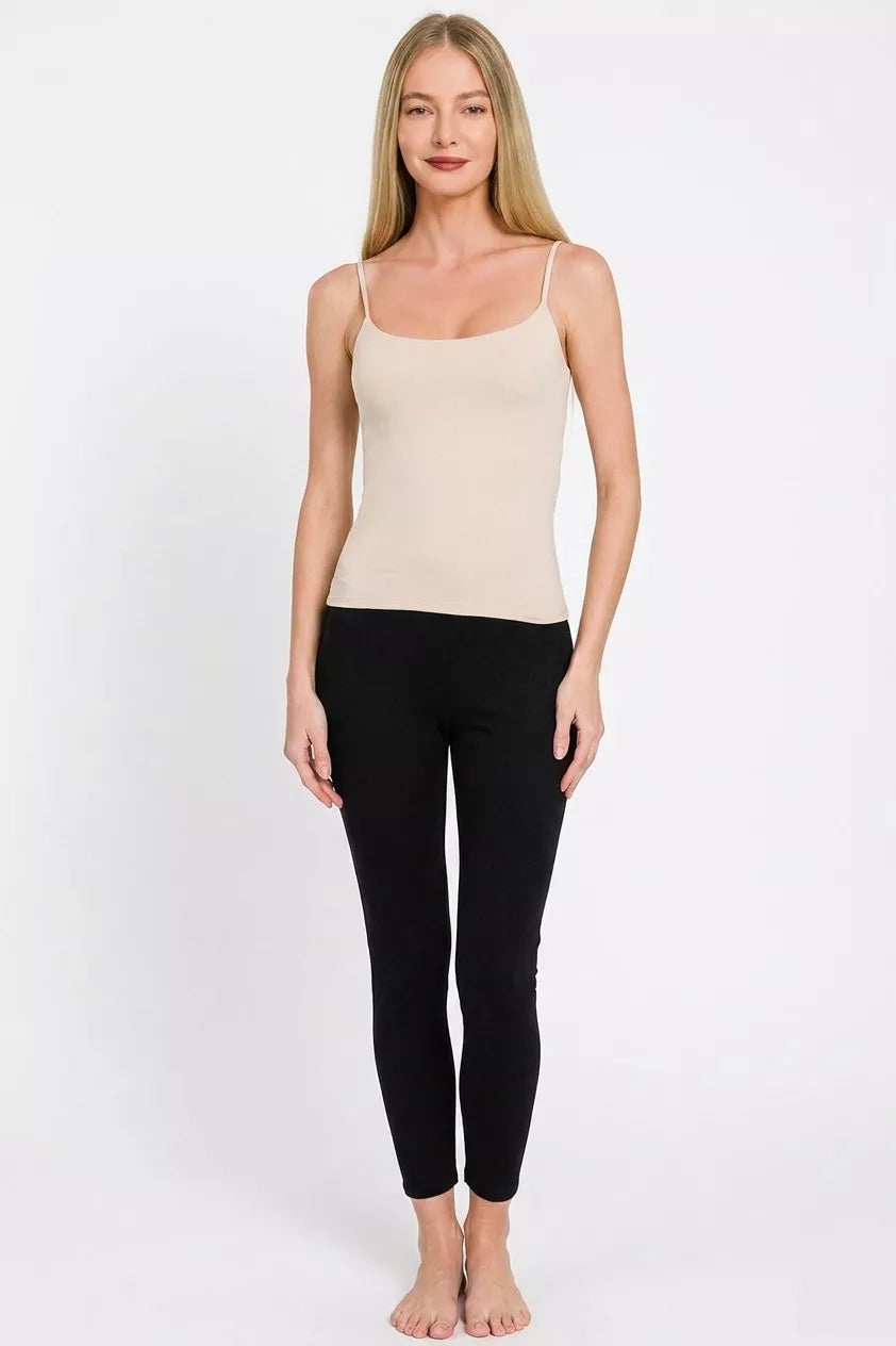 Sand beige Zenana double-layered round neck spaghetti cami, lightweight and stylish women's top with layered design.