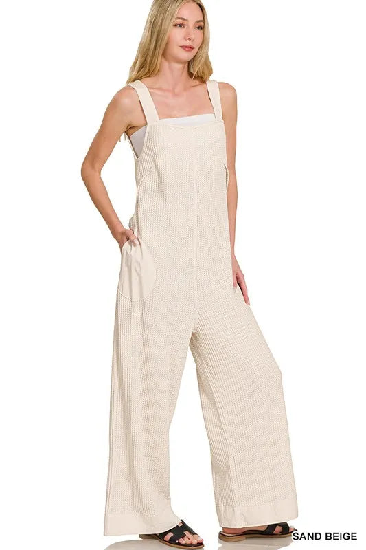 Sand beige Zenana Knit Waffle Wide Leg Overalls with a relaxed fit, featuring a knit texture and wide-leg design.