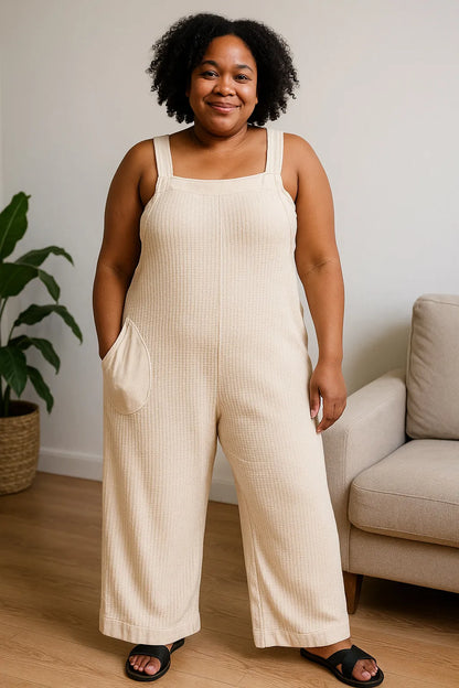 Sand beige Zenana Knit Waffle Wide Leg Overalls with adjustable straps and relaxed fit, featuring a textured knit pattern.