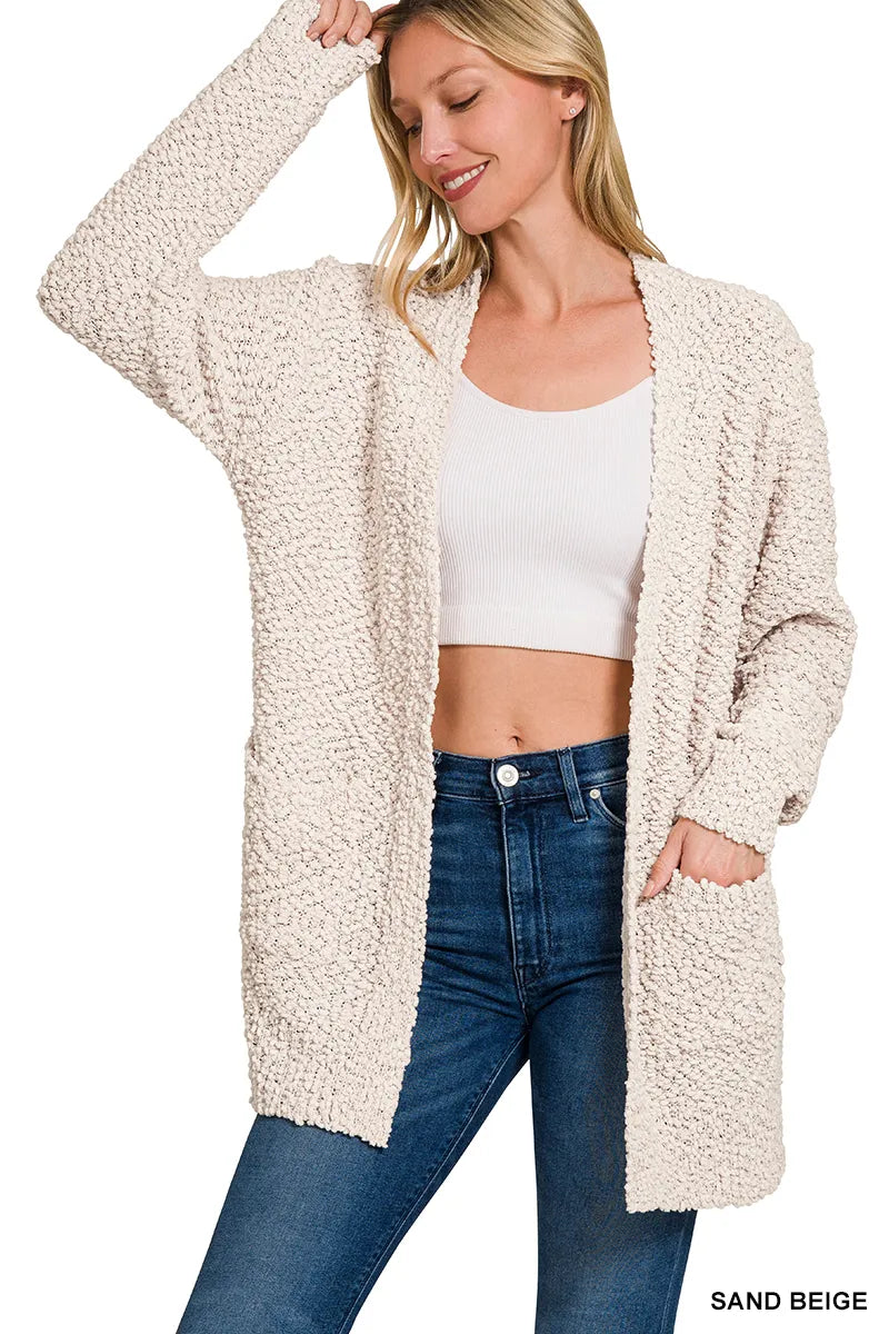 Sand beige Zenana long sleeve popcorn sweater cardigan with front pockets, casual and cozy for everyday wear.